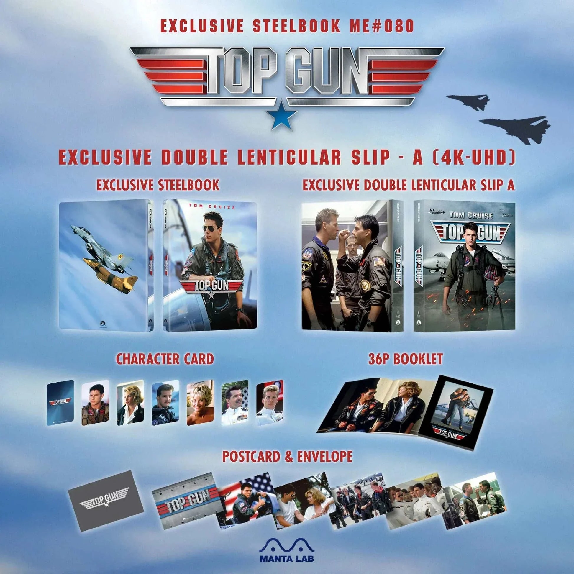 Top Gun 4K UHD steelbook edition with double lenticular slip, character cards, 36-page booklet, postcards, and envelope by Manta Lab