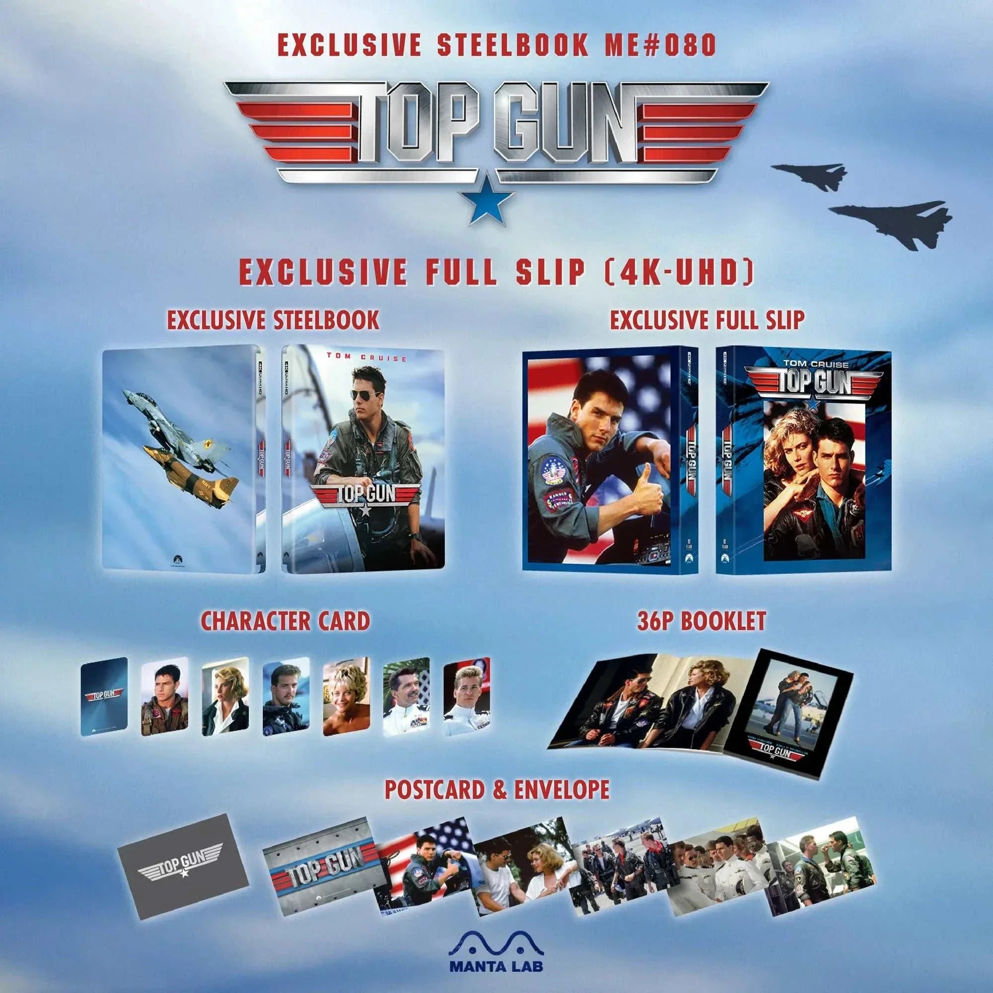 Top Gun 4K UHD exclusive steelbook and full slip edition with character cards, 36-page booklet, postcards, and envelope by Manta Lab