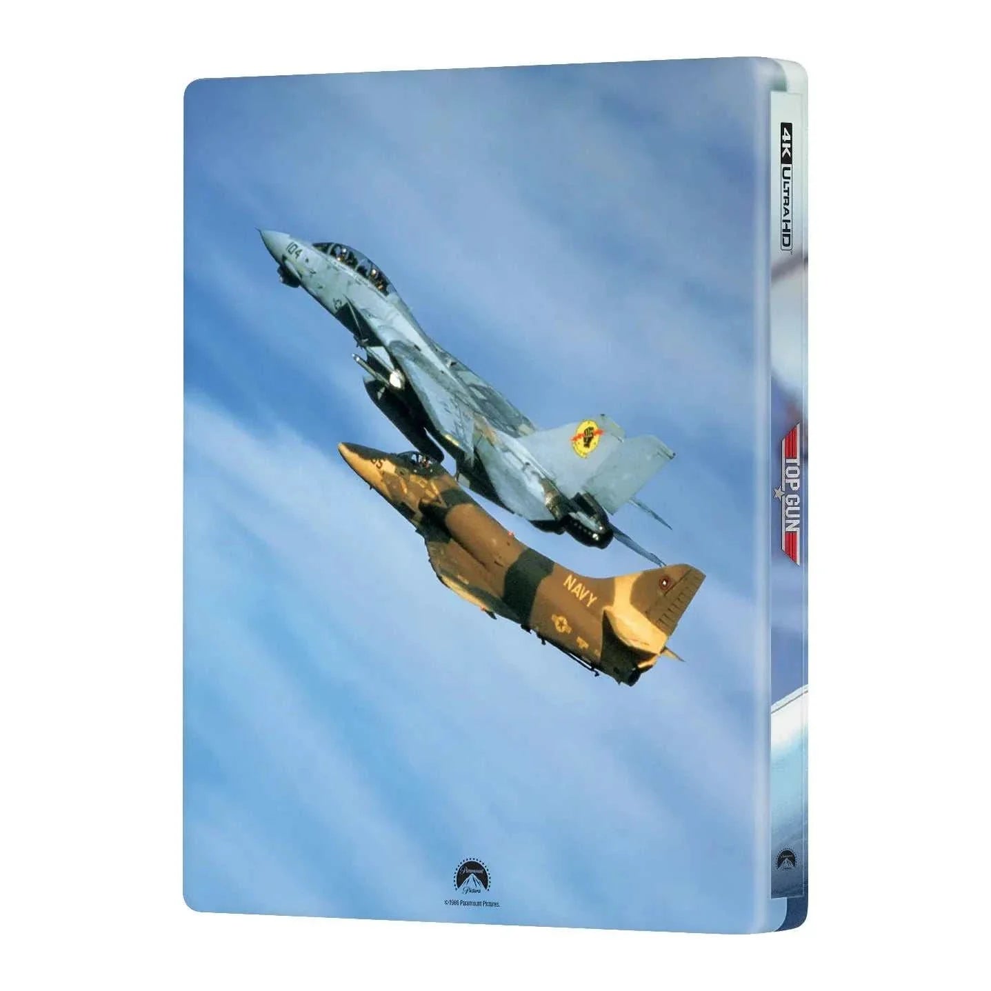 Top Gun 4K UHD Blu-Ray steelbook featuring fighter jets in flight against a blue sky with glossy finish and debossed title.