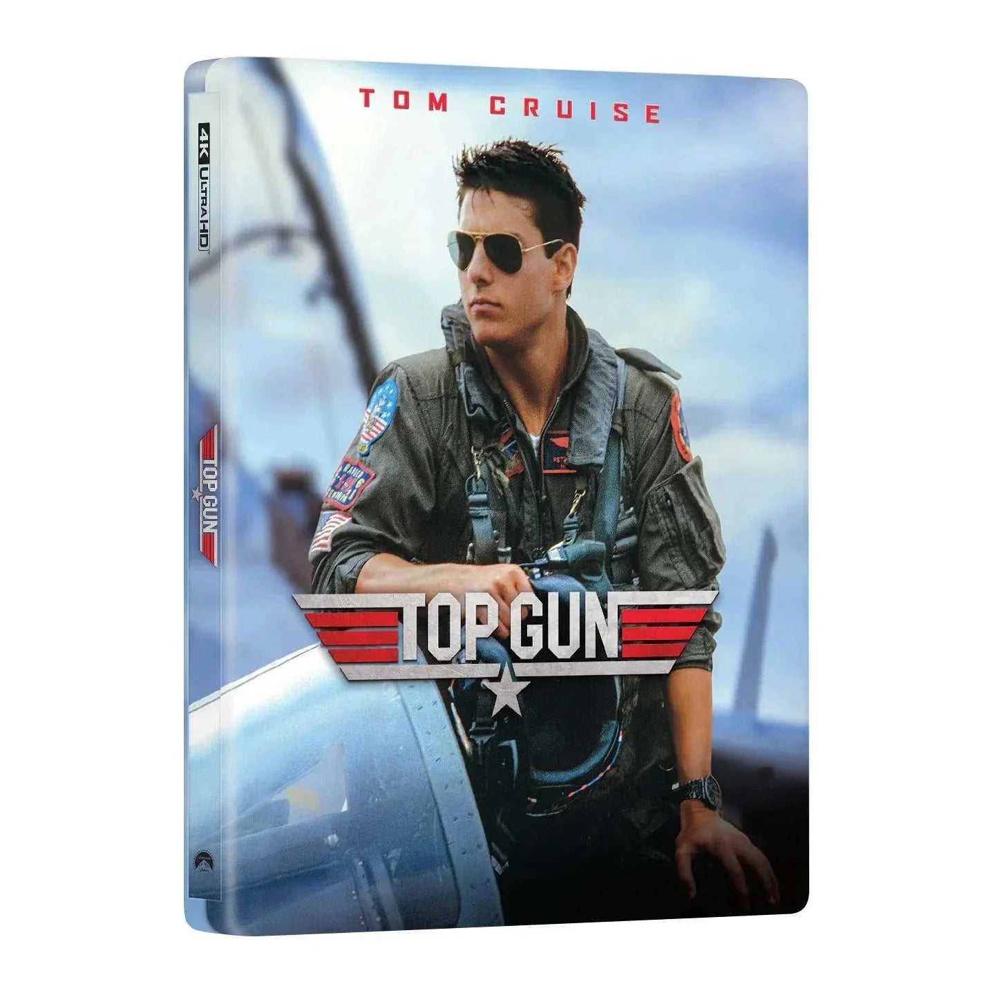 Top Gun 4K UHD and Blu-Ray steelbook featuring Tom Cruise in pilot jacket on aircraft background, limited edition collector's packaging