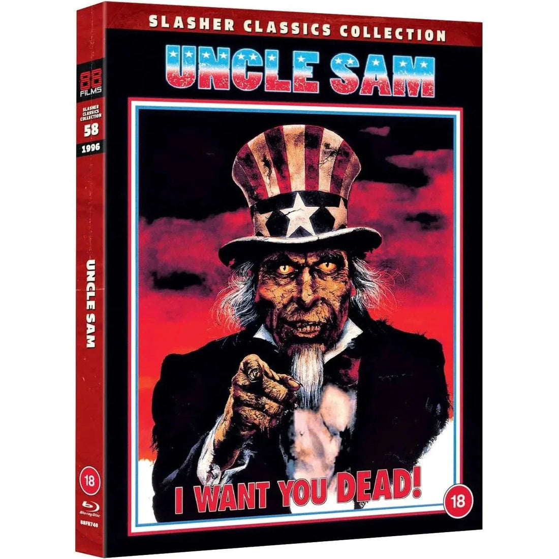 Uncle Sam Blu-Ray slipcover edition 88 Films Slasher Classics Collection horror movie cover with menacing Uncle Sam character pointing against red sky background