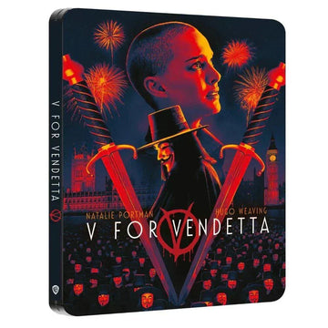 V For Vendetta limited edition 4K Ultra HD and Blu-Ray steelbook featuring stylized cover art with Natalie Portman and Guy Fawkes mask design.