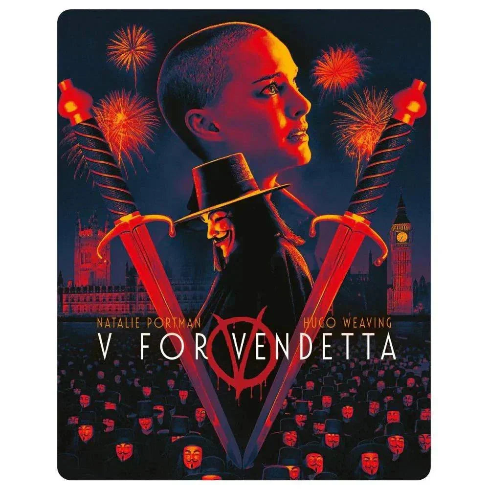 V For Vendetta limited edition 4K Ultra HD and Blu-Ray steelbook cover featuring Natalie Portman and Hugo Weaving with iconic mask and fireworks.