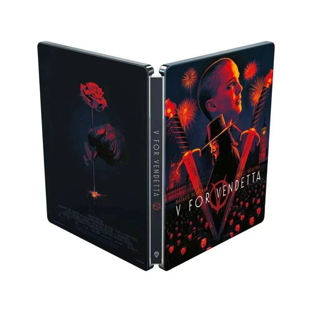 V For Vendetta limited edition 4K Ultra HD and Blu-Ray steelbook featuring stylized cover art with Natalie Portman and Guy Fawkes mask design.