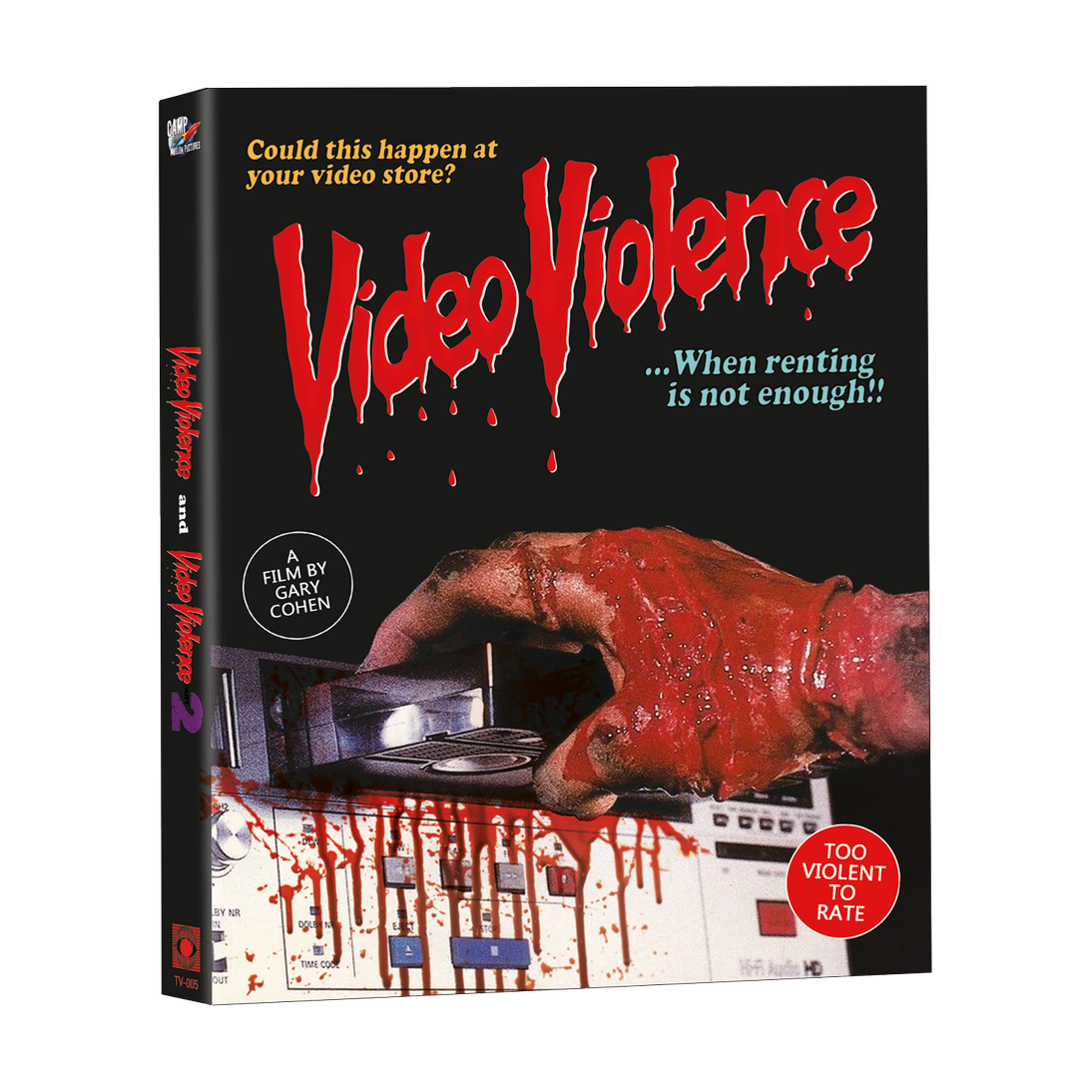 Video Violence 1 & 2 Blu-Ray with embossed slipcover featuring bloody VCR imagery.