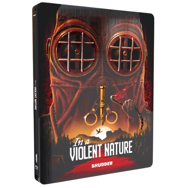 In A Violent Nature 4K UHD and Blu-Ray steelbook with horror artwork featuring a masked figure and spooky forest background
