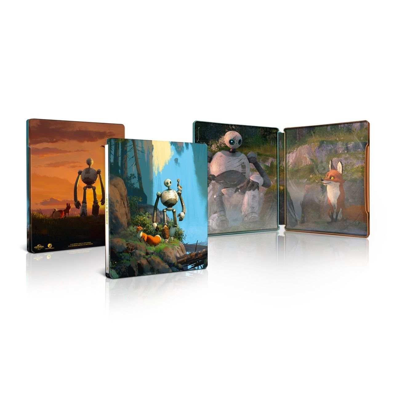 Wild Robot Ultimate Collectors Edition Steelbook 4K Ultra HD and Blu-Ray with artwork of robot and fox on scenic backgrounds