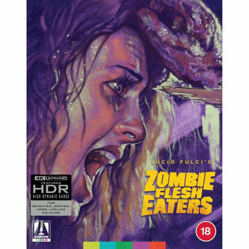 Zombie Flesh Eaters 4K Ultra HD limited edition cover featuring a terrified woman with zombie hand on her forehead.